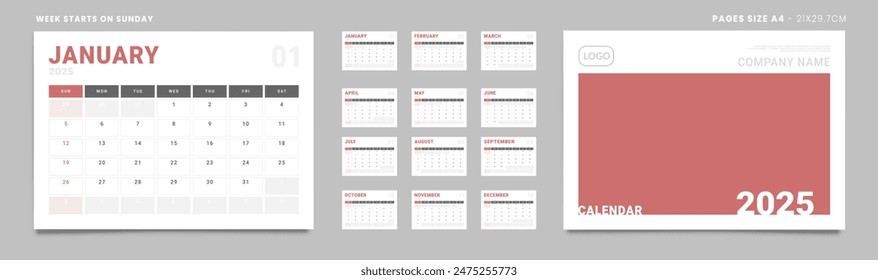 Set of 2025 Pages Monthly Calendar Planner Templates, Cover with Place for Photo, Company Logo. Vector pages for wall or desk calendar. Page size Letter -8.5x11 in for Print. Week start Sunday