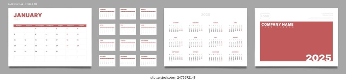 Set of 2025 Pages Monthly Calendar Planner Templates, Cover with Place for Photo, Company Logo, Annual. Design of Vector layout Calendar Pages size A4-21x29.7 cm in for print. Week start on Monday