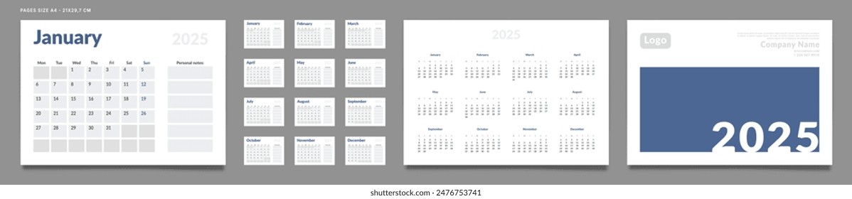 Conjunto de 2025 Páginas Calendario mensual Plantillas del planificador, cubierta con lugar para la foto, logotipo de la empresa, anual. Diseño de Vector de diseño Calendario Páginas tamaño A4-21x29,7 cm en para impresión. La semana comienza el lunes