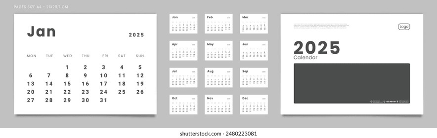 Conjunto de 2025 Páginas Calendario mensual Plantillas del planificador, cubierta con lugar para la foto, logotipo de la empresa. Páginas de Vector para el calendario minimalista de pared o mesa. Tamaño de página A4-21x29.7cm para impresión. Lunes de inicio de semana