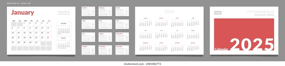 Set von 2025 Seiten Monatskalender Planer Vorlagen, Cover mit Ort für Foto, Firmenlogo, jährlich. Design der Vektorgrafik Layout Kalender Seiten Größe A4-21x29,7 cm für den Druck. Wochenbeginn am Montag