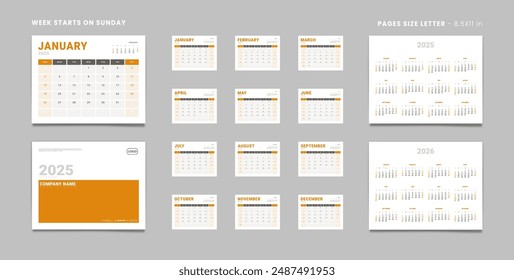 Set of 2025 Pages Monthly Calendar Planner Templates, Cover with Place for Photo, Company Logo, Annual 2025-2026. Calendar Vector pages size Letter-8.5x11in with 2 weekend for print Week start Sunday