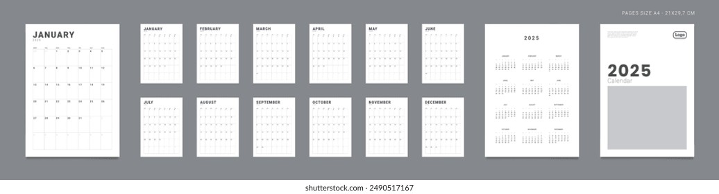 Conjunto de 2025 Páginas Calendario mensual Planificador de Plantillas, anual, cubierta con lugar para la foto y logotipo de la empresa. Cuadrícula de calendario de Vertical de Vector para la pared o el escritorio. La semana comienza el lunes