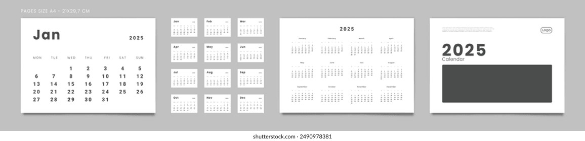 Set of 2025 Pages Monthly Calendar Planner Templates, Cover with Place for Photo, Company Logo, annual 2026. Vector pages for wall or desk calendar in minimal style for Print. Week start on Monday.