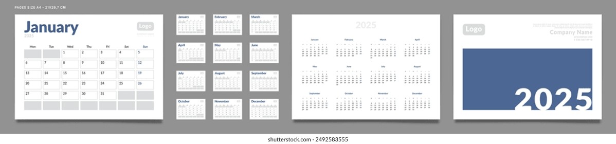 Set of 2025 Pages Monthly Calendar Planner Templates, Cover with Place for Photo, Company Logo, Annual. Design of Vector layout Calendar Pages size A4-21x29.7 cm in for print. Week start on Monday