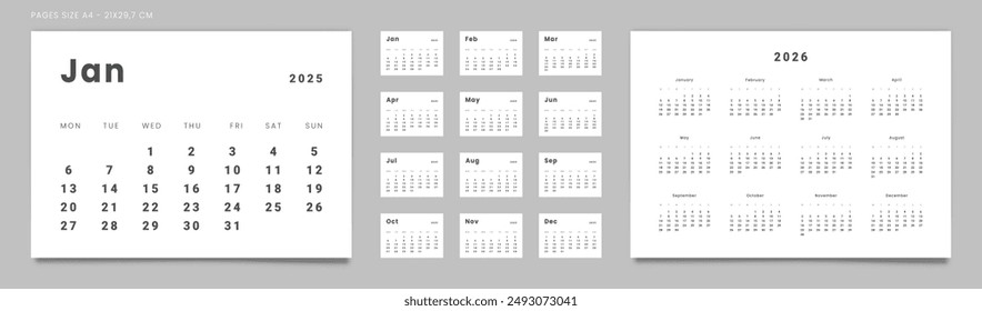 Conjunto de Páginas 2025 Plantillas del planificador del calendario mensual y anual 2026 en estilo mínimo. Vector de páginas para la pared o la mesa con calendario minimalista con la semana comienza el lunes para imprimir. Páginas tamaño A4-21x29.7cm