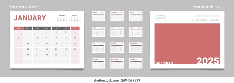 Set of 2025 Pages Monthly Calendar Planner Templates, Cover with Place for Photo, Company Logo. Vector pages for wall or desk calendar with 2 weekend. Page size Letter -8.5x11 in. Week start Sunday