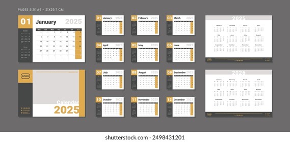 Conjunto de Páginas 2025 Calendario Mensual Planificador Plantillas, Anuales 2025-2026, Cubierta con Lugar para Foto y Logo de la Compañía. Maqueta de Vector de calendario de pared o escritorio para imprimir. Semana a partir del lunes