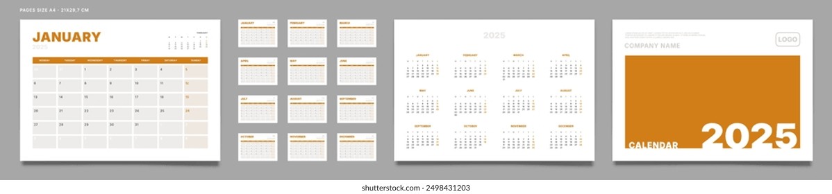 Set of 2025 Pages Monthly Calendar Planner Templates, Cover with Place for Photo, Company Logo, Annual. Design of Vector layout Calendar Pages size A4-21x29.7 cm in for print. Week start on Monday
