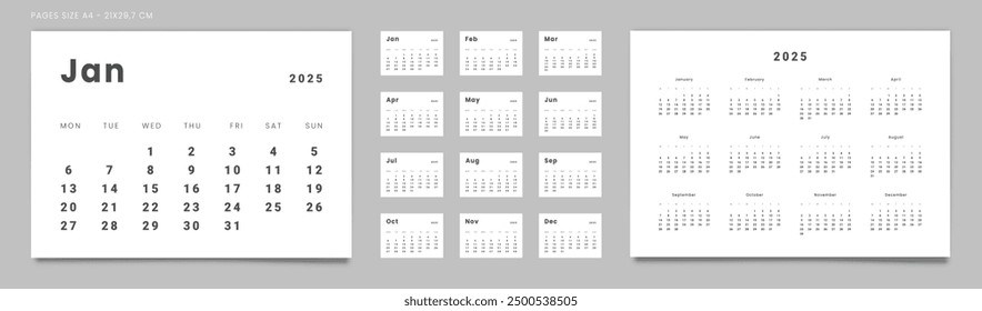Set of 2025 Pages Monthly Calendar Planner Templates and annual in minimal style. Vector pages for wall or desk minimalist calendar with week starting on Monday for printing. Pages size A4-21x29.7cm