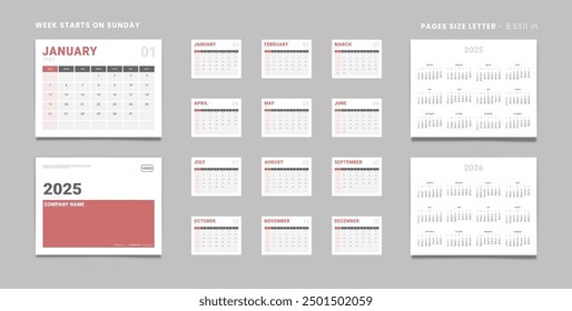 Set of 2025 Pages Monthly Calendar Planner Templates, Cover with Place for Photo, Company Logo, annual 2025-2026. Design of Vector Calendar Pages size Letter -8.5x11 in for print. Week start on Sunday