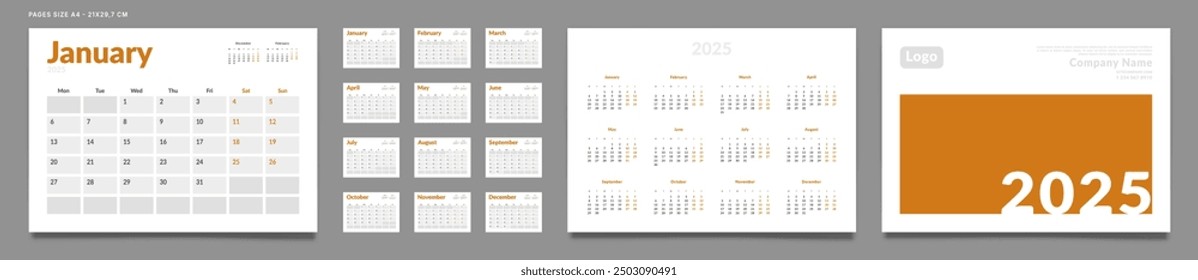 Conjunto de 2025 Páginas Calendario Mensual Planificador Plantillas, cubierta con lugar para la foto, logotipo de la empresa, anual. Diseño del Vector Páginas de calendario tamaño A4-21x29.7 cm para imprimir. Comienzo de la semana el lunes