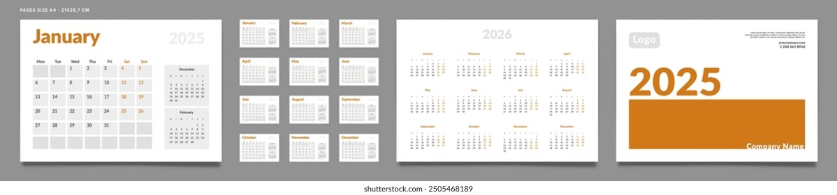 Set of 2025 Pages Monthly Calendar Planner Templates, Cover with Place for Photo, Company Logo, Annual. Design of Vector layout Calendar Pages size A4-21x29.7 cm in for print. Week start on Monday