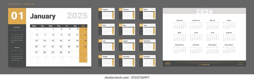 Set of 2025 Pages Monthly Calendar Planner Templates and annual on 2026. Vector layout of a wall or desktop calendar with the week starting on Monday for printing. Pages size A4-21x29.7cm