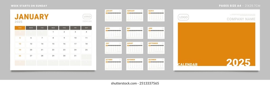 Conjunto de 2025 Páginas Modelos de Planejador de Calendário Mensal, Cobertura com Lugar para Foto, Logotipo da Empresa. Páginas vetoriais para calendário de parede ou de mesa. Tamanho da página Carta -8,5x11 pol para impressão. Domingo de início da semana