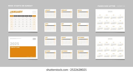 Set of 2025 Pages Monthly Calendar Planner Templates, Cover with Place for Photo, Company Logo, Annual 2025-2026. Calendar Vector pages size Letter-8.5x11in for print Week start Sunday