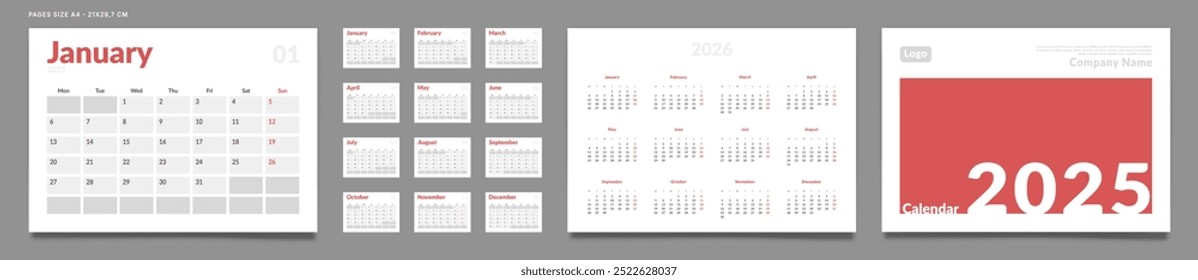 Conjunto de 2025 Páginas Modelos de Planejador de Calendário Mensal, Cobertura com Lugar para Foto, Logotipo da Empresa, Anual. Design de Vetor layout Páginas de Calendário tamanho A4-21x29.7 cm para impressão. A semana começa na segunda