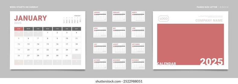 Conjunto de 2025 Páginas Calendario Mensual Planificador Plantillas, cubierta con lugar para la foto, logotipo de la empresa. Páginas de Vector para el calendario de pared o escritorio. Tamaño de página Letra -8.5x11 in para imprimir. Semana de inicio Domingo