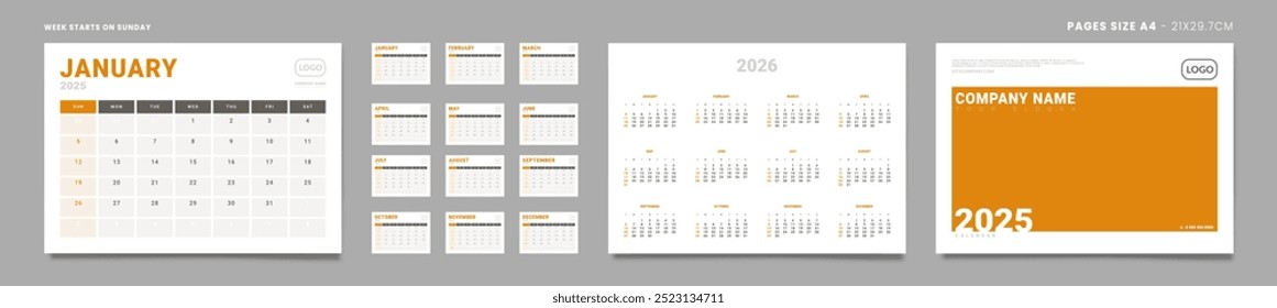 Set of 2025 Pages Monthly Calendar Planner Templates, Cover with Place for Photo, Company Logo, annual. Design of Vector Calendar Pages size Letter -8.5x11 in ready on print. Week start on Sunday