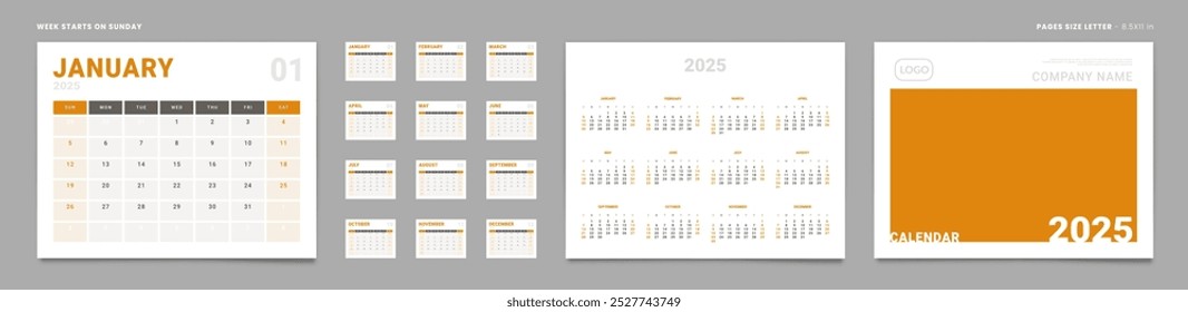 Set of 2025 Pages Monthly Calendar Planner Templates, Cover with Place for Photo, Company Logo, Annual. Vector pages size Letter -8.5x11 in for wall or desk calendar with 2 weekend. Week start Sunday