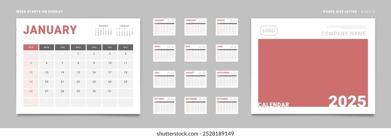 Set of 2025 Pages Monthly Calendar Planner Templates, Cover with Place for Photo, Company Logo. Vector pages for wall or desk calendar. Page size Letter -8.5x11 in for Print. Week start Sunday