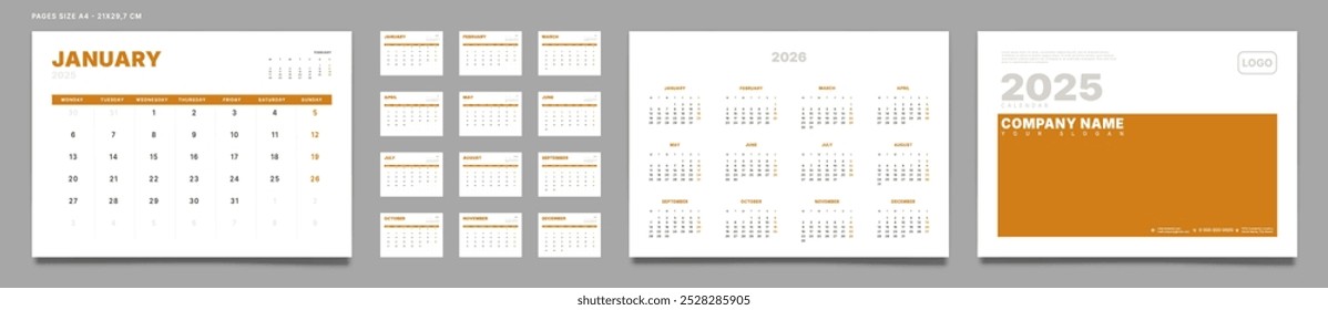 Set von 2025 Seiten monatlich Kalender Planer Vorlagen, Abdeckung mit Platz für Foto, Firmenlogo, jährlich. Design des Vektor-Layout Kalender Seiten Größe A4-21x29,7 cm in für den Druck. Wochenanfang am Montag