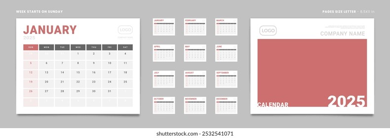 Conjunto de 2025 Páginas Calendario Mensual Planificador Plantillas, cubierta con lugar para la foto, logotipo de la empresa. Páginas de Vector para el calendario de pared o escritorio. Tamaño de página Letra -8.5x11 in para imprimir. Semana de inicio Domingo