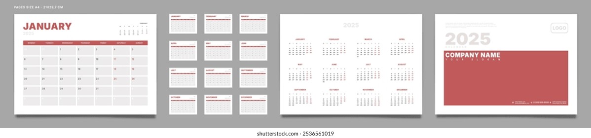 Set of 2025 Pages Monthly Calendar Planner Templates, Cover with Place for Photo, Company Logo, Annual. Design of Vector layout Calendar Pages size A4-21x29.7 cm in for print. Week start on Monday