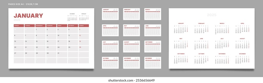 Set of 2025 Pages Monthly Calendar Planner Templates and annual. Vector pages for wall or desk minimalist calendar with week start on Monday for printing. Page size A4-21x29.7 cm