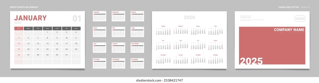 Conjunto de Páginas 2025 Calendario Mensual Planificador Plantillas, Cubierta con lugar para la foto, logotipo de la empresa, anual 2026. Diseño de Vector Calendario Páginas tamaño Carta -8.5x11 en para imprimir. Comienzo de la semana el domingo