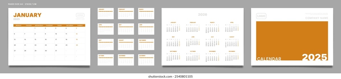 Conjunto de 2025 Páginas Modelos de Planejador de Calendário Mensal, Cobertura com Lugar para Foto, Logotipo da Empresa, Anual. Design de Vetor layout Páginas de Calendário tamanho A4-21x29.7 cm para impressão. A semana começa na segunda