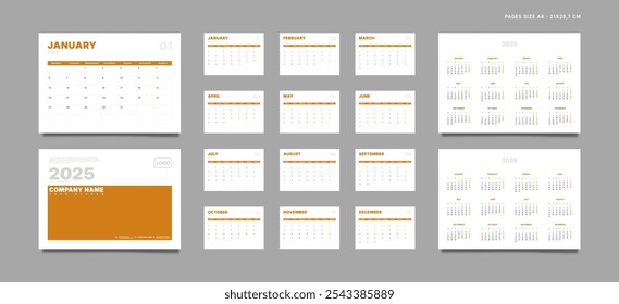 Conjunto de 2025 Páginas Modelos de Planejador de Calendário Mensal, Cobertura com Lugar para Foto, Logotipo da Empresa, Anual. Design de Vetor layout Páginas de Calendário tamanho A4-21x29.7 cm para impressão. A semana começa na segunda