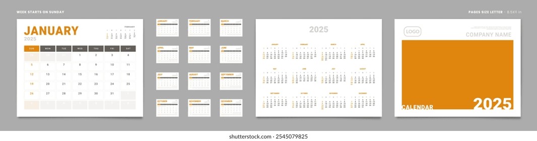 Set von 2025 Seiten monatlich Kalender Planer Vorlagen, Abdeckung mit Platz für Foto, Firmenlogo, jährlich. Vektorseitengröße Letter -8.5x11 in für Wand- oder Schreibtischkalender mit 2 Wochenenden. Wochenstart Sonntag