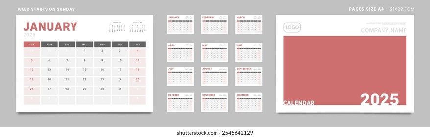 Set of 2025 Pages Monthly Calendar Planner Templates, Cover with Place for Photo, Company Logo. Vector pages for wall or desk calendar. Page size Letter -8.5x11 in for Print. Week start Sunday