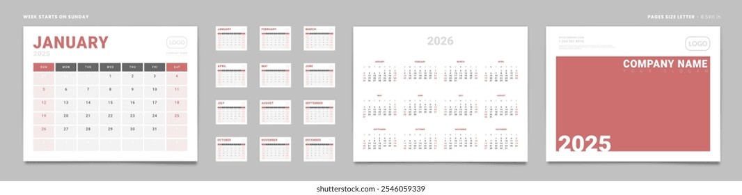 Conjunto de 2025 Páginas Calendario Mensual Planificador Plantillas, cubierta con lugar para la foto, logotipo de la empresa, anual. Diseño de Páginas de calendario de Vector tamaño Carta -8.5x11 en listo para imprimir. Comienzo de la semana el domingo