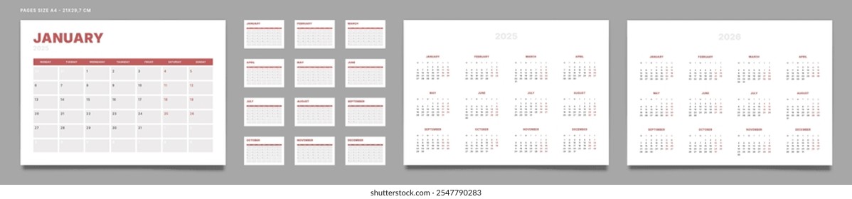 Set of 2025 Pages Monthly Calendar Planner Templates and annual 2025-2026. Vector pages for wall or desk minimalist calendar with week start on Monday for printing. Page size A4-21x29.7 cm