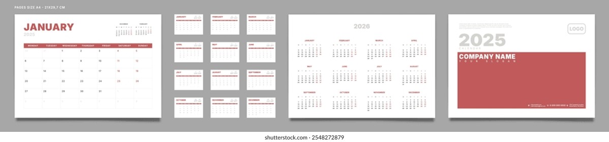 Set of 2025 Pages Monthly Calendar Planner Templates, Cover with Place for Photo, Company Logo, Annual. Design of Vector layout Calendar Pages size A4-21x29.7 cm in for print. Week start on Monday