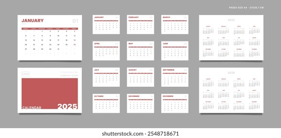 Set of 2025 Pages Monthly Calendar Planner Templates, Cover with Place for Photo, Company Logo, Annual. Design of Vector layout Calendar Pages size A4-21x29.7 cm in for print. Week start on Monday