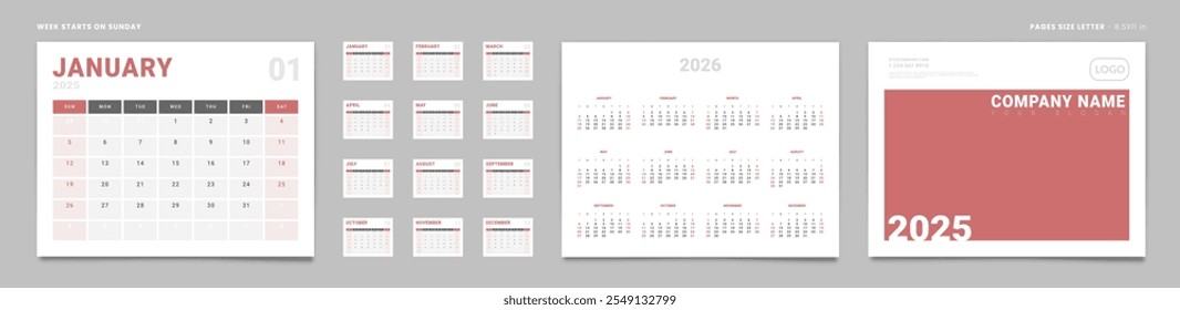 Conjunto de Páginas 2025 Calendario Mensual Planificador Plantillas, Cubierta con lugar para la foto, logotipo de la empresa, anual 2026. Diseño de Páginas de calendario de Vector con 2 fines de semana tamaño Carta-8.5x11in. Comienzo de la semana el domingo