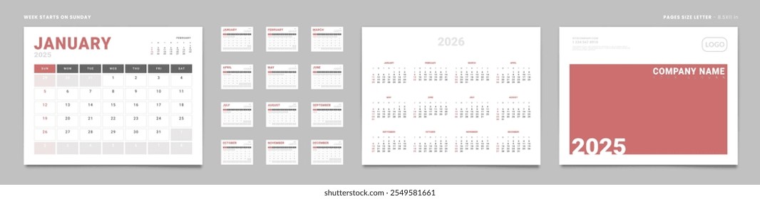 Conjunto de 2025 Páginas Calendario Mensual Planificador Plantillas, cubierta con lugar para la foto, logotipo de la empresa, anual. Diseño de Páginas de calendario de Vector tamaño Carta -8.5x11 en listo para imprimir. Comienzo de la semana el domingo