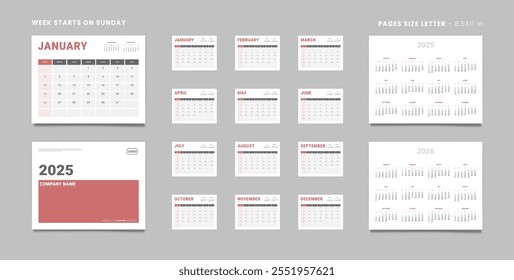 Conjunto de Páginas 2025 Calendario Mensual Planificador Plantillas, Cubierta con Lugar para Foto, Logo de la Compañía, Anual 2025-2026. Tamaño de las páginas del Vector del calendario Carta-8.5x11in para imprimir Inicio de semana Domingo