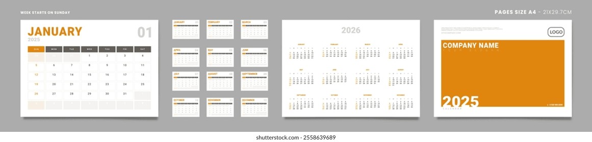 Set of 2025 Pages Monthly Calendar Planner Templates, Cover with Place for Photo, Company Logo, annual. Design of Vector Calendar Pages size Letter -8.5x11 in ready on print. Week start on Sunday