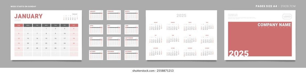 Set of 2025 Pages Monthly Calendar Planner Templates, Cover with Place for Photo, Company Logo, annual. Design of Vector Calendar Pages size Letter -8.5x11 in ready on print. Week start on Sunday