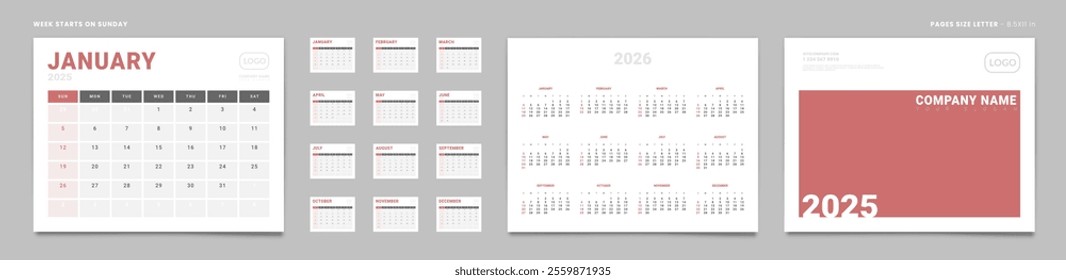 Set of 2025 Pages Monthly Calendar Planner Templates, Cover with Place for Photo, Company Logo, annual. Design of Vector Calendar Pages size Letter -8.5x11 in ready on print. Week start on Sunday