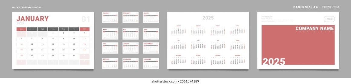 Set of 2025 Pages Monthly Calendar Planner Templates, Cover with Place for Photo, Company Logo, annual. Design of Vector Calendar Pages size Letter -8.5x11 in ready on print. Week start on Sunday