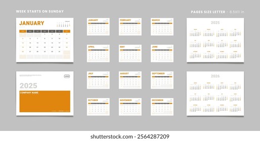 Set of 2025 Pages Monthly Calendar Planner Templates, Cover with Place for Photo, Company Logo, Annual 2025-2026. Calendar Vector pages size Letter-8.5x11in with 2 weekend for print Week start Sunday