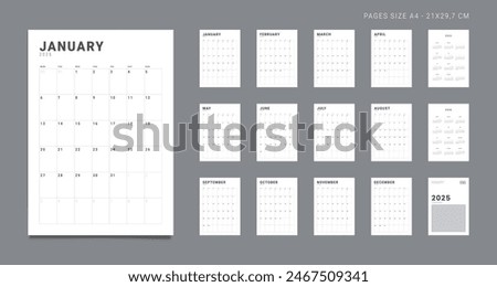 Set of 2025 Pages Monthly Calendar Planner Templates, Annuals 2025-2026, Cover with Place for Photo and Company Logo. Vector vertical grid for wall or desk calendar for printing. Week star on Monday