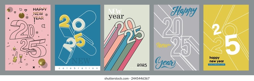 Conjunto de posters de Feliz Año Nuevo pastel 2025. Diseño moderno tipografía logo delgadas líneas 2025. Celebración de Vector y decoración de temporada, fondos, marca, Anuncio, portada o Plantilla de redes sociales.