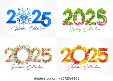 Set of 2025 seasonal logo collections. Decorative graphic art sign 2025 for winter, spring, summer or autumn fashion collection. Vector illustration