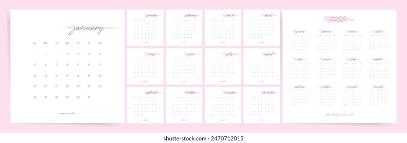 Set of 2025 Square Calendar Planner Template in Minimal Aesthetic Design. Vector layout of a wall, table or desk modern 2025 calendar. From Sunday. Calendar printable grid in pink white colors.	